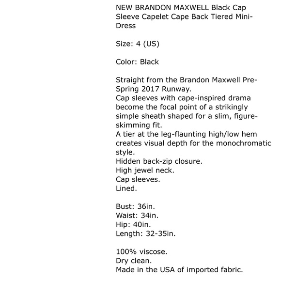 🖤 BRANDON MAXWELL Cap Sleeve Capelet Cape Back 4 - Picture 6 of 6